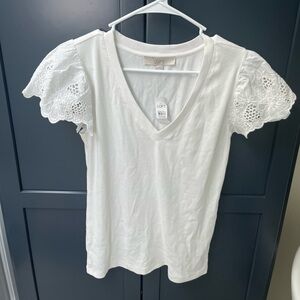 NWT LOFT White Eyelet Top with Cap Sleeves Medium